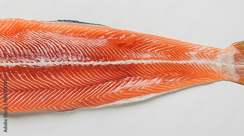 Fresh salmon fillet on a white background, showcasing vibrant color and intricate texture in an ultra-wide format. Fresh salmon fillet on a white background, showcasing vibrant color and intricate texture in an ultra-wide format.