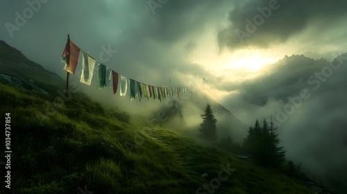 A mystical scene of prayer flags gently swaying in the wind atop a serene mountain pass, mist rising from the valley below, with the sun peeking through clouds photo