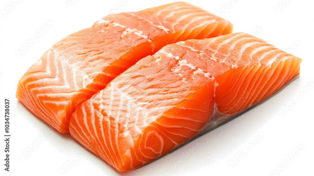 Fresh salmon fillet on a white background, showcasing rich texture and vibrant color, presented in a wide format for emphasis Fresh salmon fillet on a white background, showcasing rich texture and vibrant color, presented in a wide format for emphasis