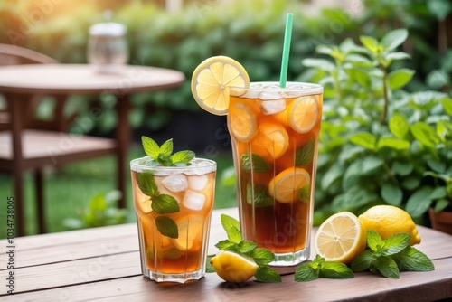 A refreshing glass of tea with lemon and mint on wooden table