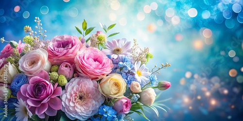 A delicate bouquet of pastel-hued blossoms, their petals unfurling in a symphony of soft colors, a gentle reminder of nature's beauty and the fleeting grace of springtime. photo