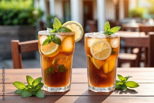 A refreshing glass of tea with lemon and mint on wooden table at garden photo