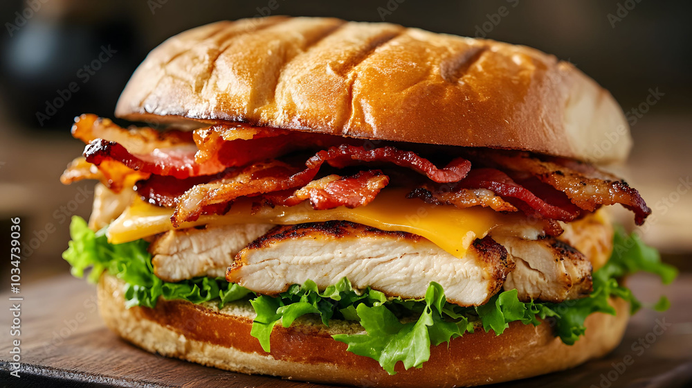 Bacon chicken sandwich layered with cheese and crisp lettuce, inviting and hearty meal option, perfect for lunch or a casual gathering Bacon chicken sandwich layered with cheese and crisp lettuce, inviting and hearty meal option, perfect for lunch or a casual gathering
