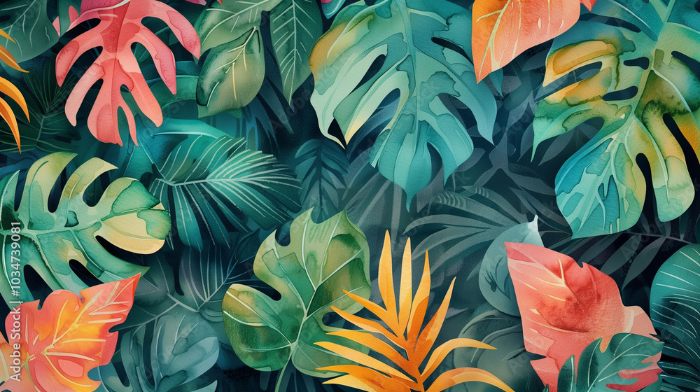 A vivid arrangement of tropical leaves in bold colors creates an immersive experience, inviting viewers into the heart of a lush jungle environment A vivid arrangement of tropical leaves in bold colors creates an immersive experience, inviting viewers into the heart of a lush jungle environment
