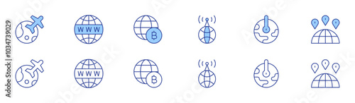 Global icon set in two styles, Duotone and Thin Line style. Editable stroke. global network, global warming, globe, travel, website, world
