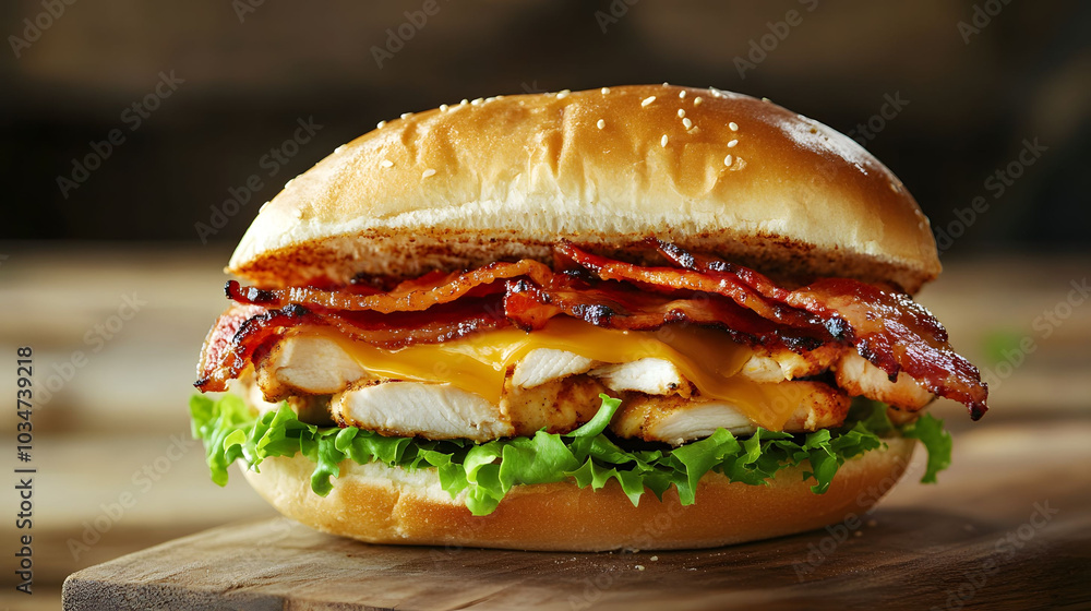 Savory sandwich layered with crispy bacon, tender chicken, creamy cheese, and fresh lettuce for a delicious meal experience. Savory sandwich layered with crispy bacon, tender chicken, creamy cheese, and fresh lettuce for a delicious meal experience.