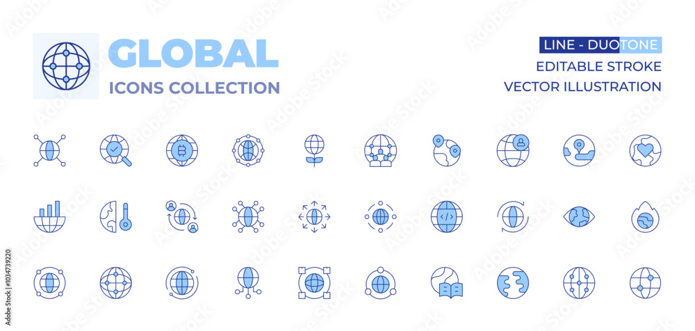 Global icons collection. Line Duotone style, editable stroke. global connection, globalization, relationship, world, global network, global warming, global, worldwide, expansion Global icons collection. Line Duotone style, editable stroke. global connection, globalization, relationship, world, global network, global warming, global, worldwide, expansion