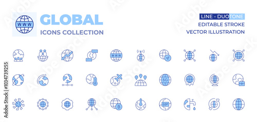 Global icons collection. Line Duotone style, editable stroke. travel, website, decrease, global, global day of parents, global shipping, global warming, language, worldwide