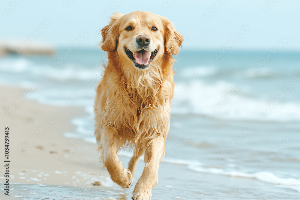 Happy golden retriever running on the beach Happy golden retriever running on the beach
