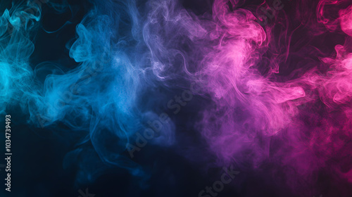 Neon Smoke Fusion, vibrant pink and blue wisps emerging from the black void, creating a striking contrast in a dynamic space.