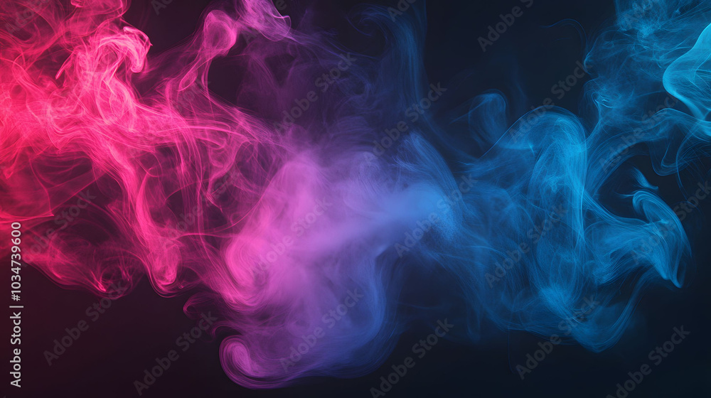 Obraz premium Neon smoke swirl, vibrant pink and blue hues blend softly against a deep black backdrop, creating a striking visual contrast.