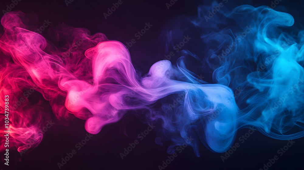 Neon Smoke Fusion, vibrant pink and blue wisps emerge from the corner against a deep black backdrop, creating a striking visual contrast. Neon Smoke Fusion, vibrant pink and blue wisps emerge from the corner against a deep black backdrop, creating a striking visual contrast.