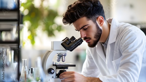 A Young Scientist Examining a Sample Through a Microscope photo