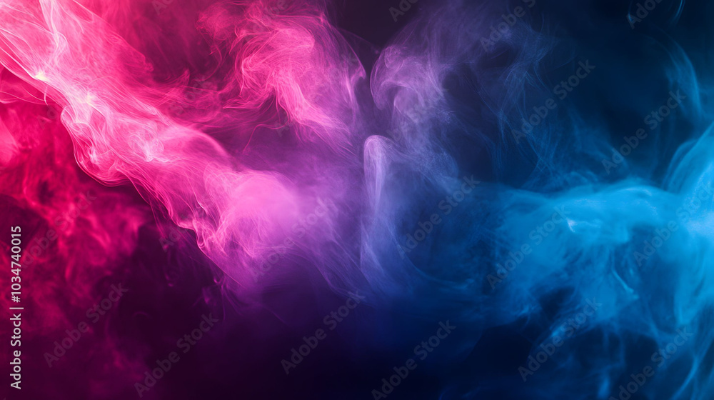Neon Smoke Fusion, vibrant pink and blue wisps blending into a dark canvas, creating a dynamic visual contrast and intrigue