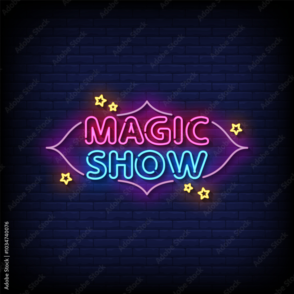 Obraz premium magic show neon sign vector with brick wall background