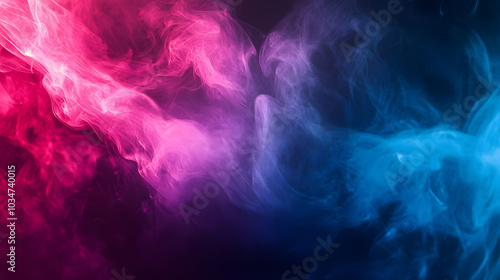 Neon Smoke Fusion, vibrant pink and blue wisps blending into a dark canvas, creating a dynamic visual contrast and intrigue