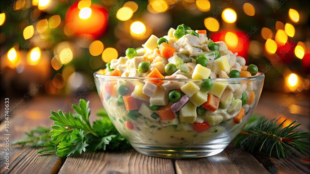 Delicious Russian Olivier Salad with Potatoes, Carrots, Chicken, Pickles, Peas, Onions, and Mayonnaise in Bokeh Effect for 4K Stock Footage Video Delicious Russian Olivier Salad with Potatoes, Carrots, Chicken, Pickles, Peas, Onions, and Mayonnaise in Bokeh Effect for 4K Stock Footage Video
