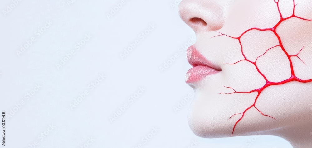 Close-up of a woman's face with artistic red veins design on a white isolated background. Close-up of a woman's face with artistic red veins design on a white isolated background.