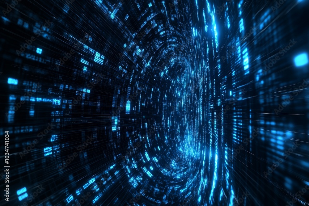 Abstract blue digital tunnel with glowing lines and binary code. Abstract blue digital tunnel with glowing lines and binary code.