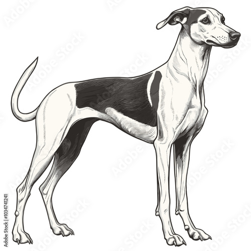  Realistic vector illustration of a sleek and muscular Greyhound dog standing in a confident pose. Ideal for dog breed lovers, animal illustrations, and pet-themed designs.