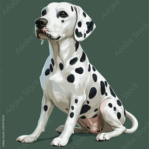 Realistic vector illustration of a sitting Dalmatian dog with black spots and alert expression, perfect for pet-themed designs and animal illustrations.