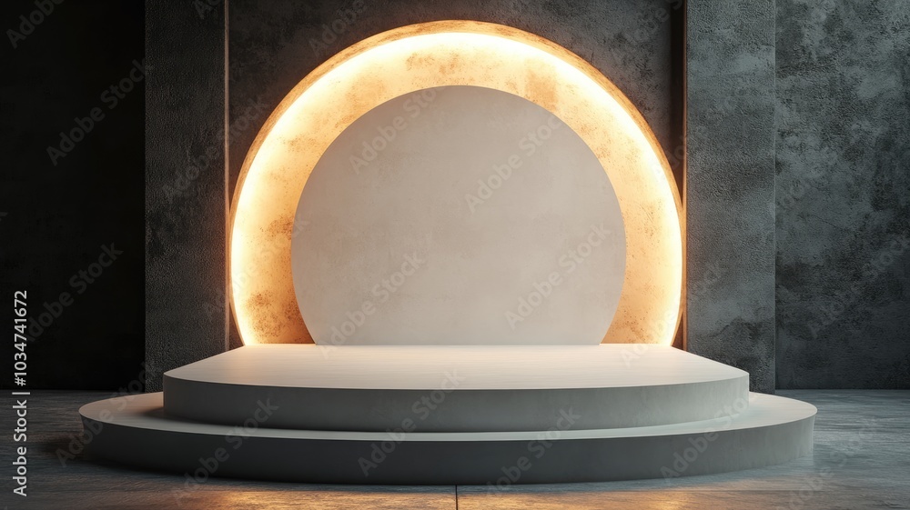 White Circular Platform with Illuminated Archway in a Dark Setting White Circular Platform with Illuminated Archway in a Dark Setting