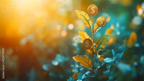 Close-up of a vibrant plant with coins and dollar signs instead of flowers, symbolizing financial growth, on a soft blue and gold gradient background