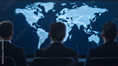 Business meeting with world map display.