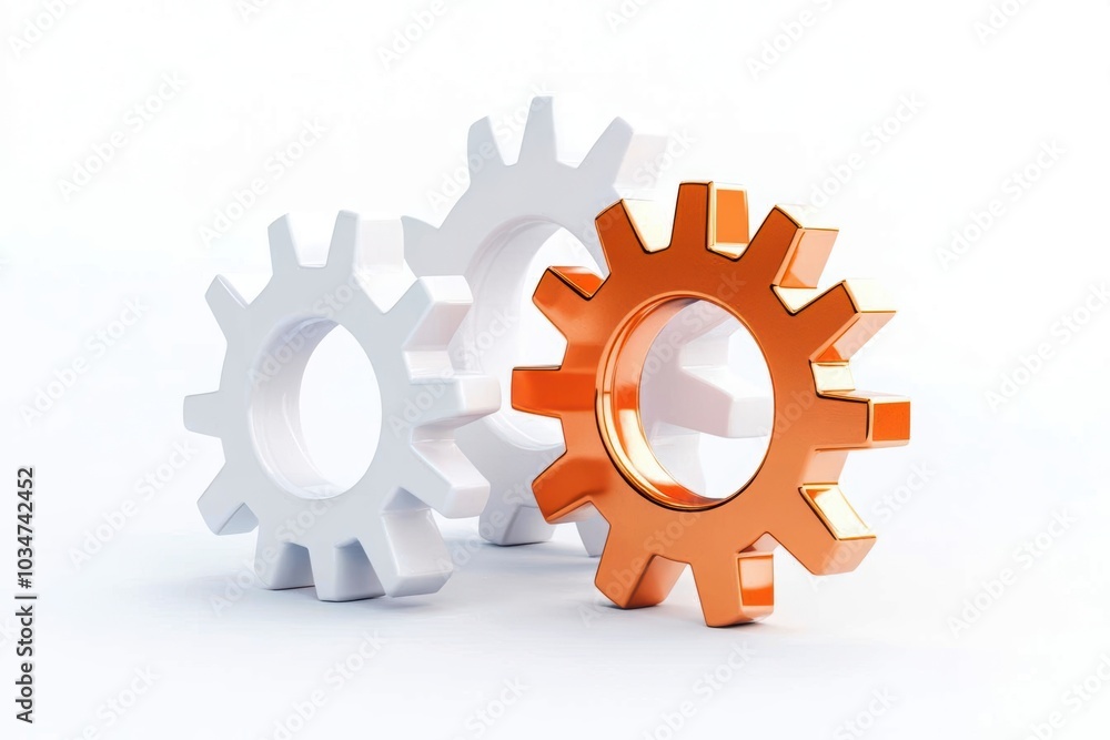 Three interlocking gears, orange and white, on a white isolated background. Three interlocking gears, orange and white, on a white isolated background.