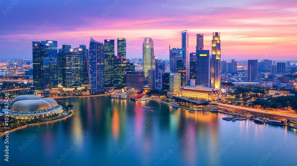 Obraz premium Singapore Skyline with Marina Bay Sands and Sunset Reflections