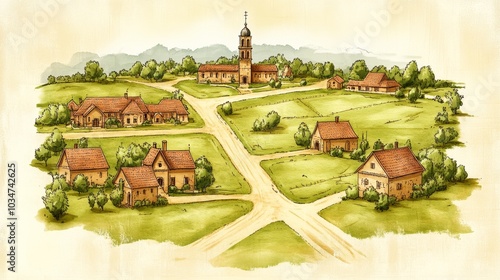 Watercolor Illustration of a Quaint Village with a Church in the Center photo