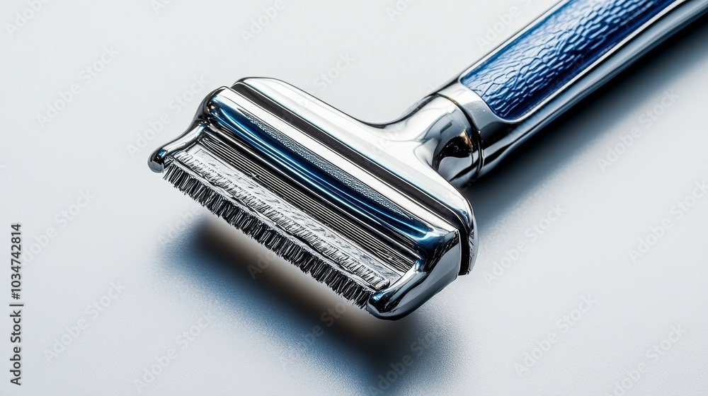 Close-up overhead view of a razor gliding over smooth skin, showing precise hair removal, capturing each blade in sharp detail, isolated on a white background Close-up overhead view of a razor gliding over smooth skin, showing precise hair removal, capturing each blade in sharp detail, isolated on a white background