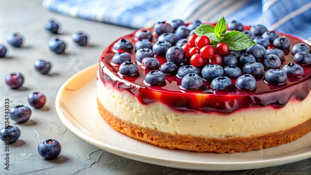 A Creamy Cheesecake Topped with a Luscious Glaze and Fresh Blueberries, Ready for a Sweet Indulgence A Creamy Cheesecake Topped with a Luscious Glaze and Fresh Blueberries, Ready for a Sweet Indulgence