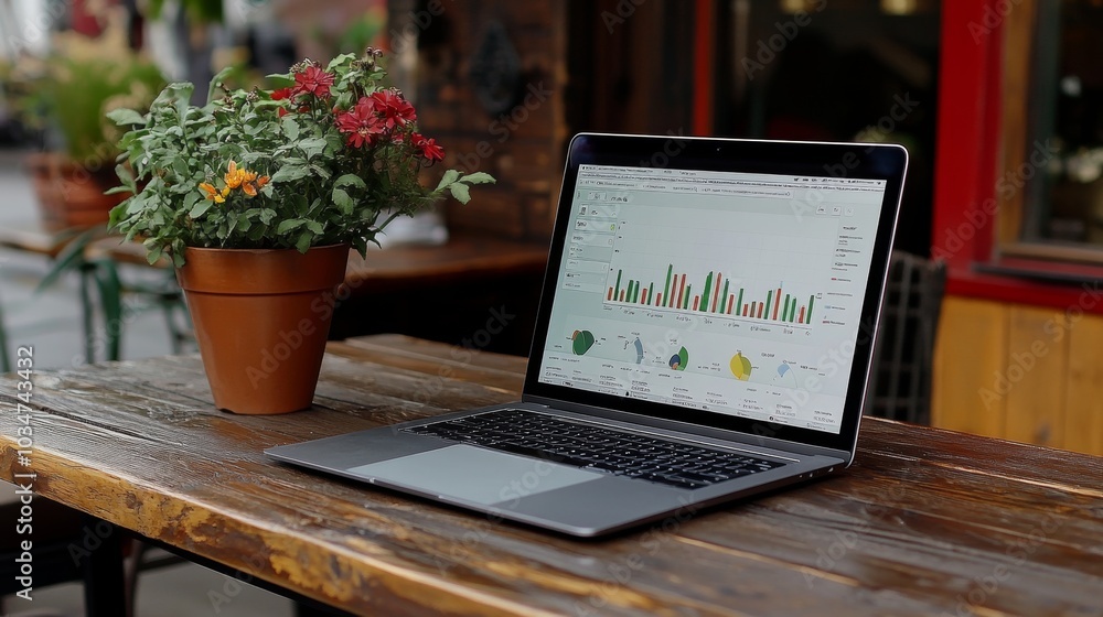 Laptop with Data Analysis Charts on Wooden Table Outdoors Laptop with Data Analysis Charts on Wooden Table Outdoors