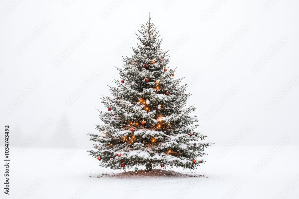 Fototapeta premium A snow-covered Christmas tree adorned with red and orange ornaments and twinkling lights stands isolated in a snowy landscape.