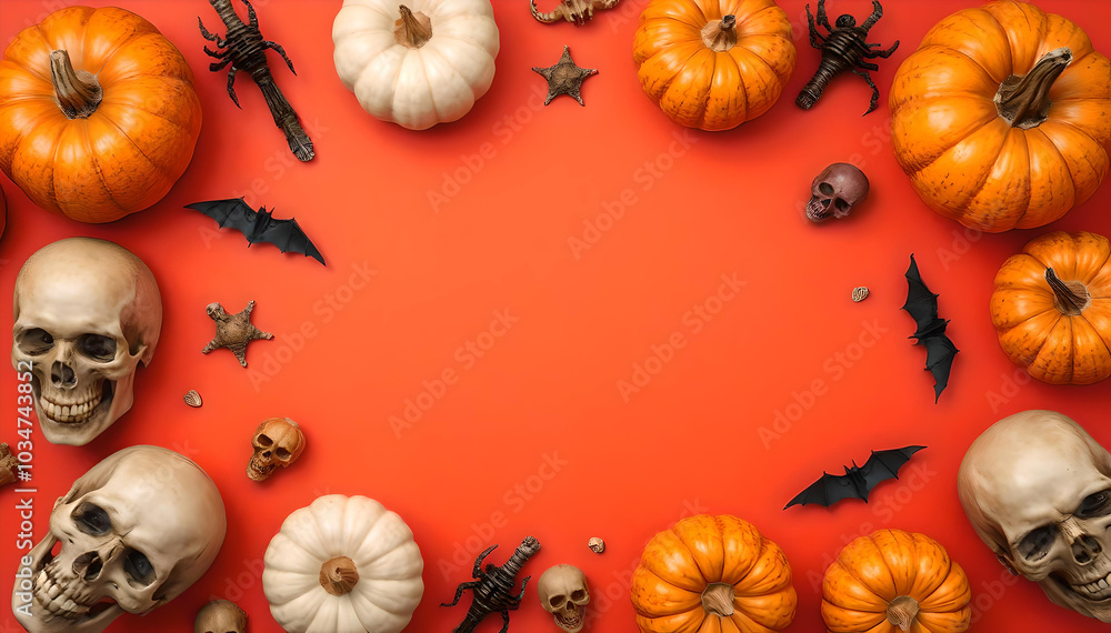 A top view of skulls, pumpkins, and spooky elements creates a vibrant Halloween scene against a rich orange background, embodying the spirit of the holiday with an eerie charm A top view of skulls, pumpkins, and spooky elements creates a vibrant Halloween scene against a rich orange background, embodying the spirit of the holiday with an eerie charm