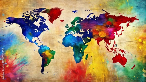 A vibrant abstract world map painted in a multitude of colors on a textured canvas background