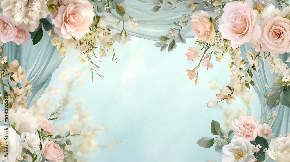 Pastel Pink and White Roses and Flowers Framing a Light Blue Background Pastel Pink and White Roses and Flowers Framing a Light Blue Background