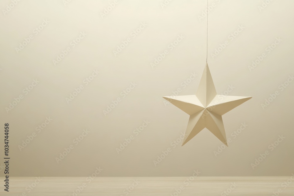Fototapeta premium A White Paper Star Hanging from a String Against a Light Beige Background