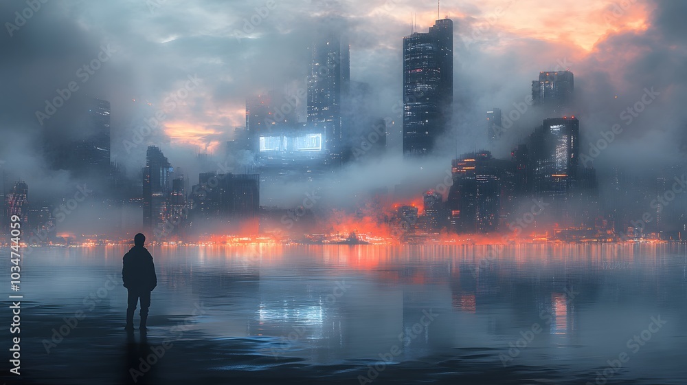digital painting of a man looking out at a moody fog covered futuristic city on the water - science fiction environment illustration. 
