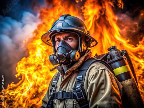 Firefighter in Gas Mask Combats Blaze in Low Light Conditions