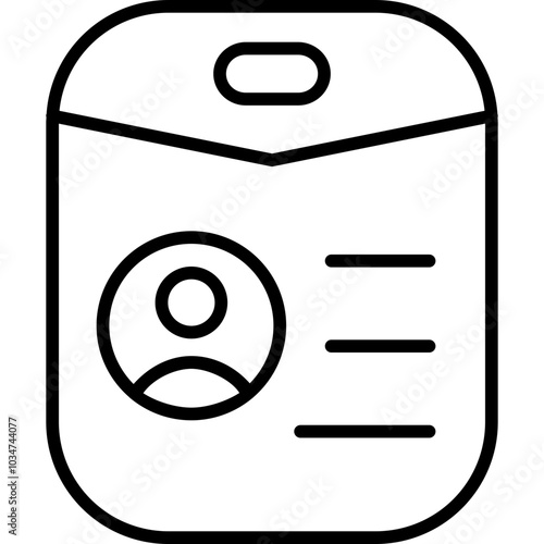 Black outline icon of an ID badge with a person’s profile image and text lines, representing identification or personal information. name tag.