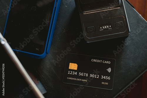 Foto A black credit card on the black cashier table