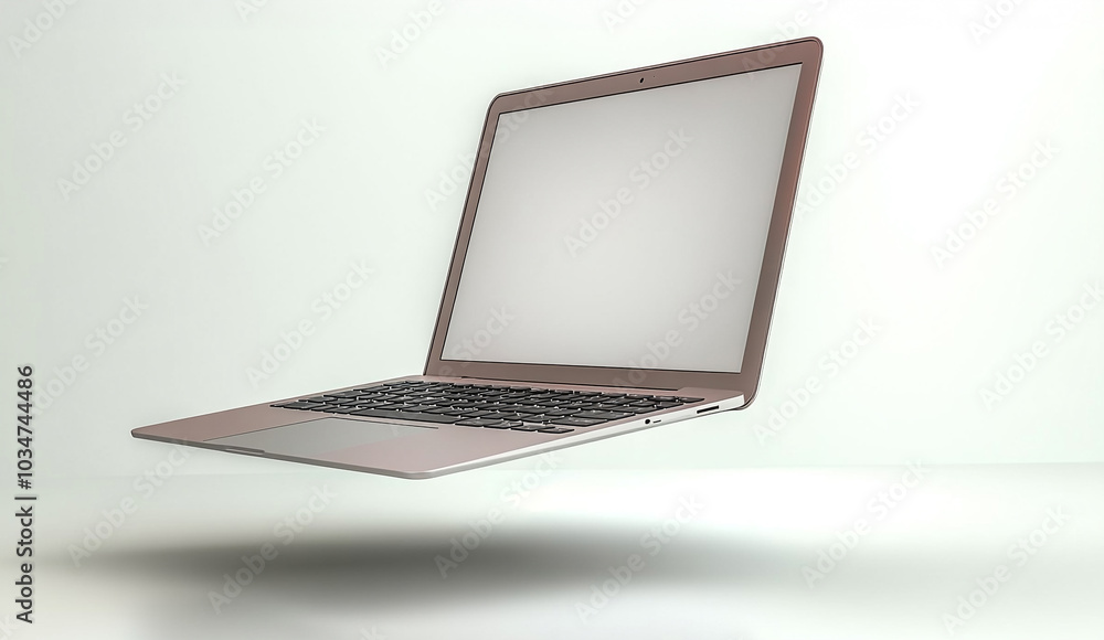 Floating laptop with a blank screen on a minimalist background Floating laptop with a blank screen on a minimalist background