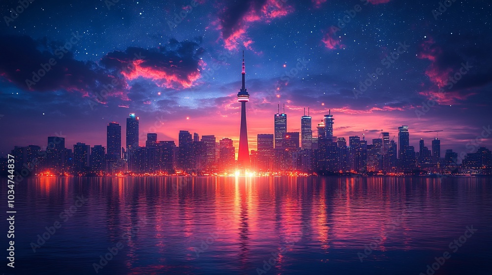 A vibrant city skyline at sunset, reflecting on water with colorful clouds. A vibrant city skyline at sunset, reflecting on water with colorful clouds.