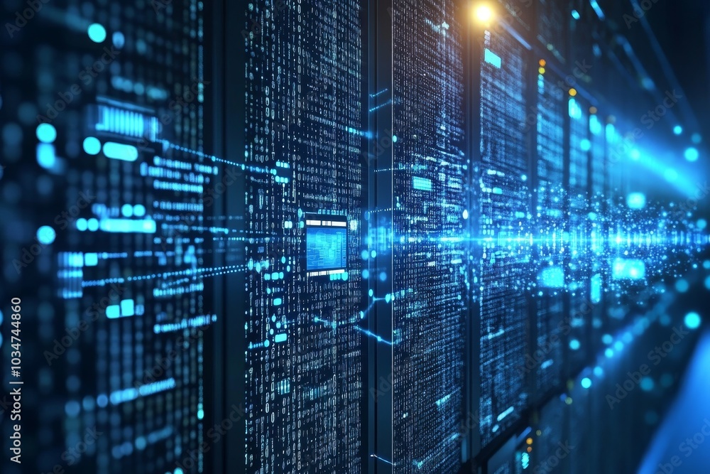 Abstract digital data flowing through a server room, representing the vast amount of information processed and stored. Abstract digital data flowing through a server room, representing the vast amount of information processed and stored.