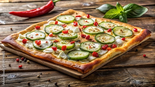 A Crispy Flatbread Topped with Creamy White Sauce, Fresh Cucumber Slices, and Bright Red Pepper Flakes