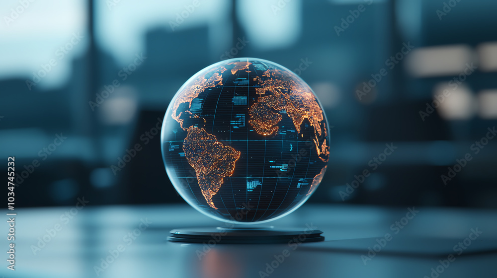 Glowing globe with digital map on table Glowing globe with digital map on table