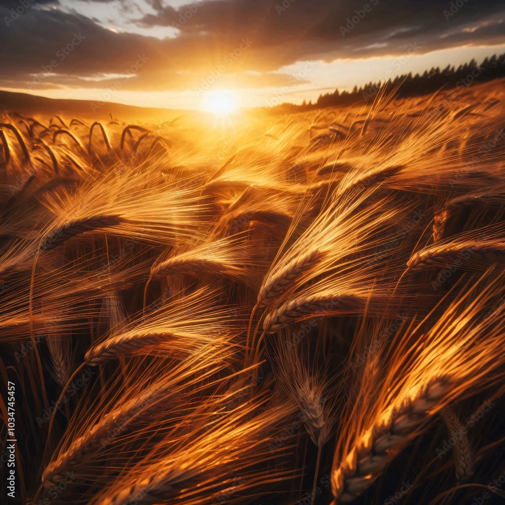 Golden wheat fields swaying in the wind at sunset Golden wheat fields swaying in the wind at sunset