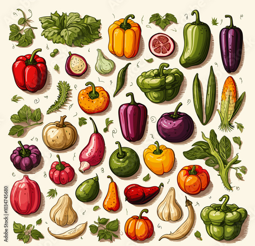 various vegetable icons on a white background